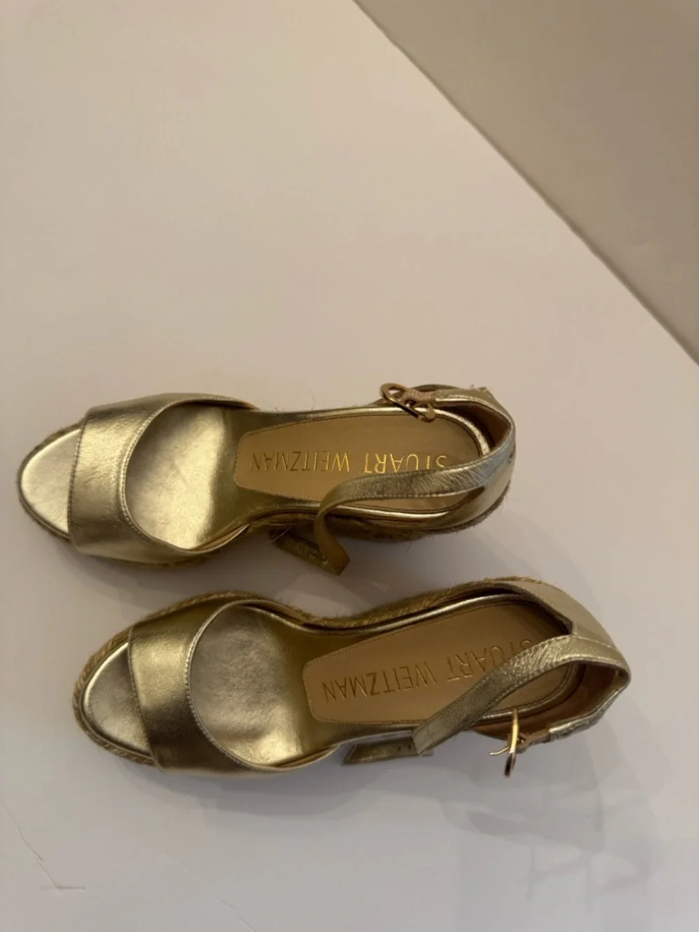 Stuart Weitzman Nudistcurve Metallic Gold Espadrille Wedge Sandals w/Ankle Strap - Picture 7 of 16